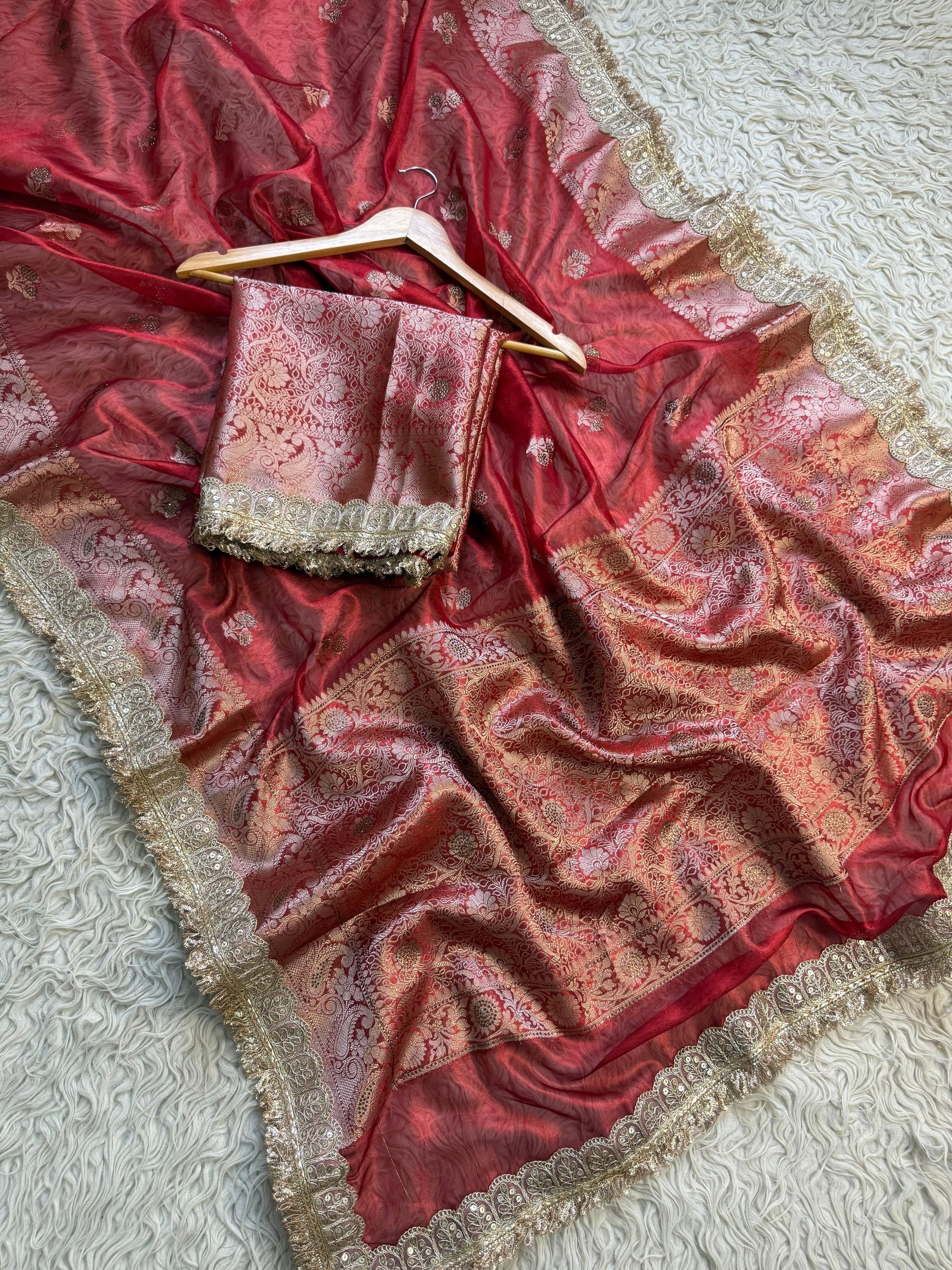 Red Banarsi saree tissue silk saree Indian sari blouse SaffronFashion