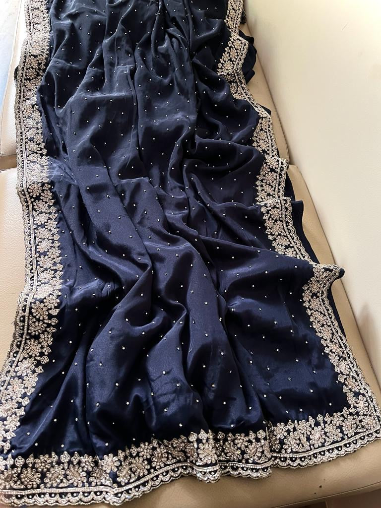 Crepe Satin Zardosi Wedding Saree Women Sari - Saffronfashionindia