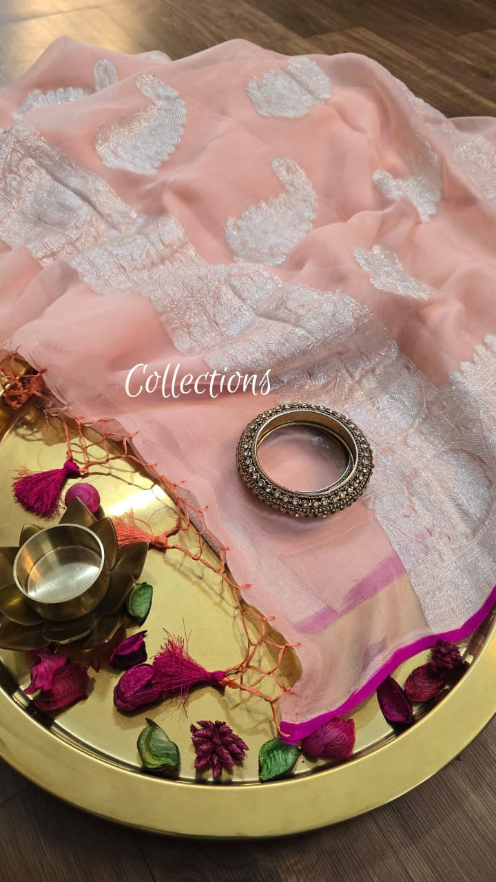 Peach Chiffon saree Banarsi handwoven sarees SaffronFashion