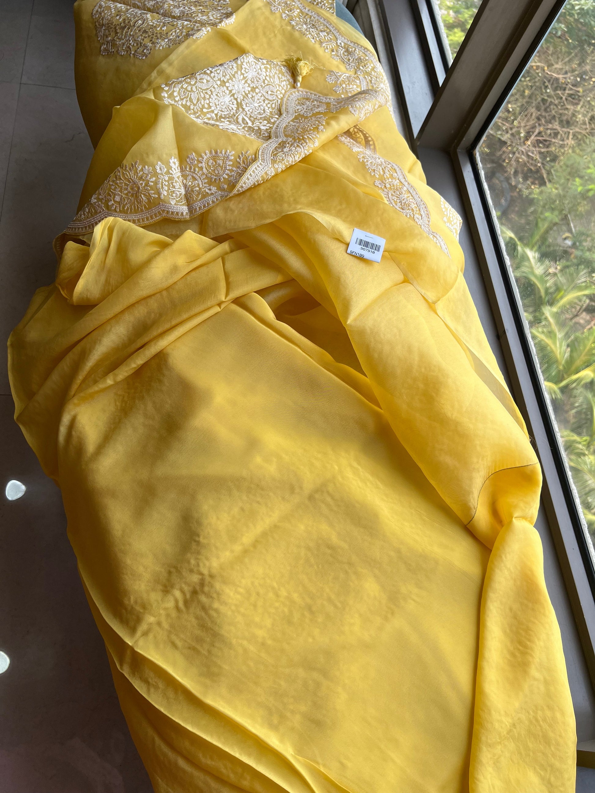 Yellow organza saree French knot saree party wear sari SaffronFashion