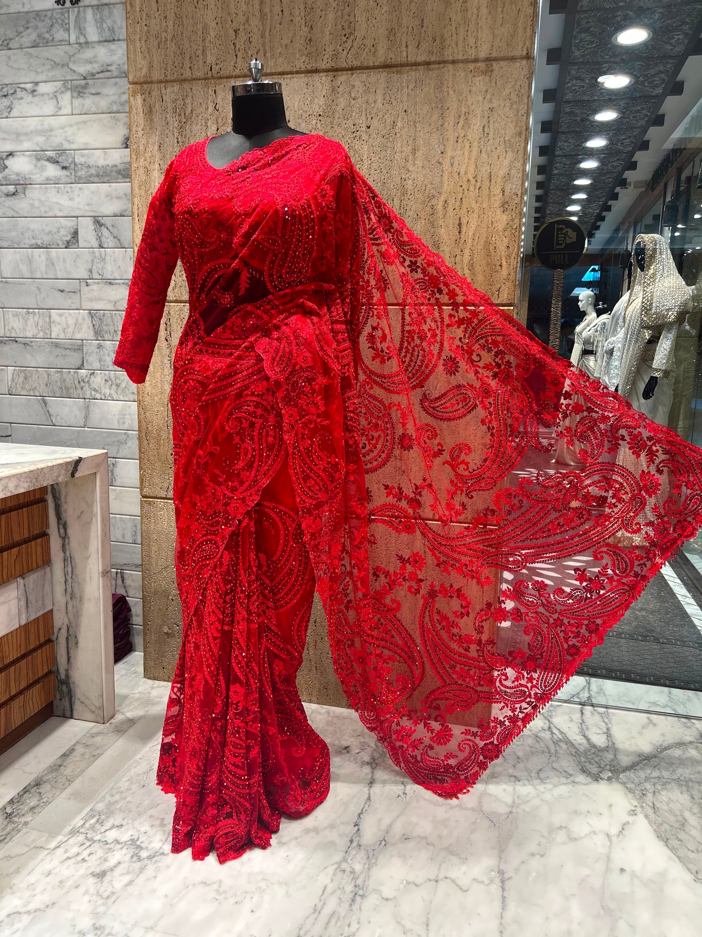 Red bridal saree net sari blouse wedding sarees Partywear sarees SaffronFashion