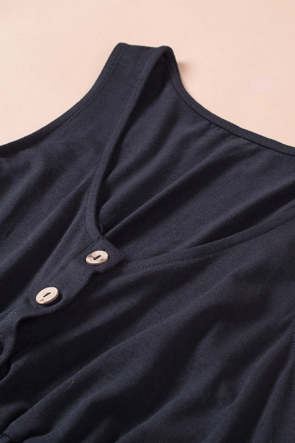 Button Front Shirred Waist Casual Tank Summer Black Dress - Saffronfashionindia
