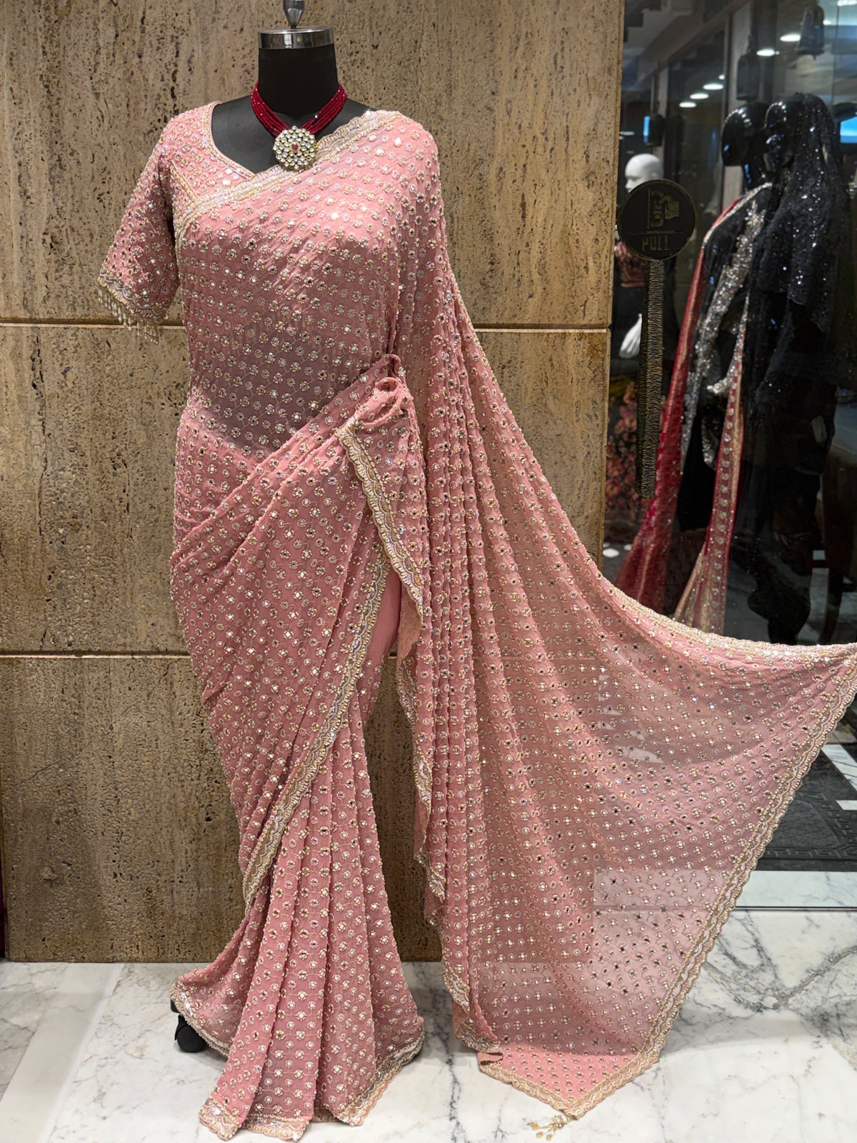 Pink Designer Sequin Embroidered Georgette Saree with Embellished Border & Blouse SaffronFashion