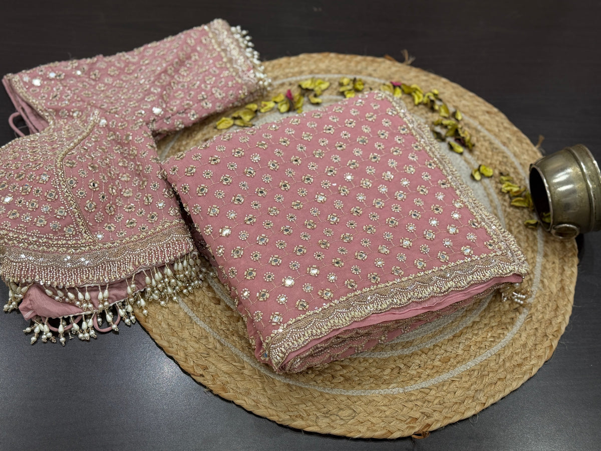 Pink Designer Sequin Embroidered Georgette Saree with Embellished Border & Blouse SaffronFashion