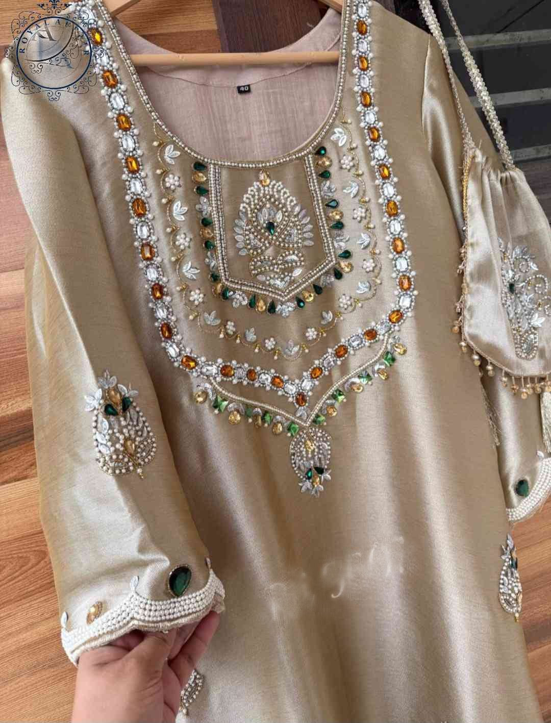 Hand embroidered designer dress partywear shirt dress with potli SaffronFashion