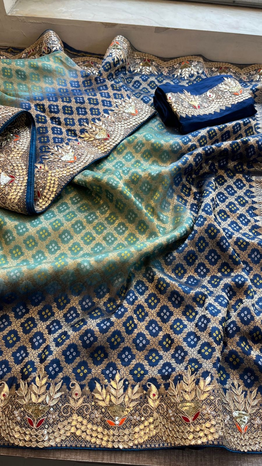 Ravaita Banarsi saree Munga silk gottapatti saree blouse SaffronFashion
