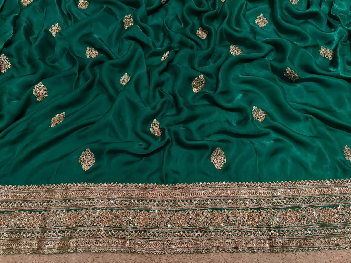 Green premium crepe satin silk saree designer inspired sarees blouse Saffronfashionindia
