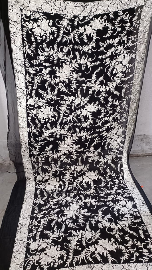 Black white Parsi Gara Authentic Dupatta - Saffronfashionindia