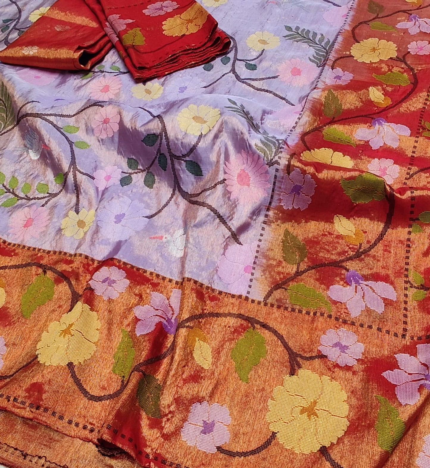 Lavender red Silk Zari Kota Meenakari Saree - Saffronfashionindia