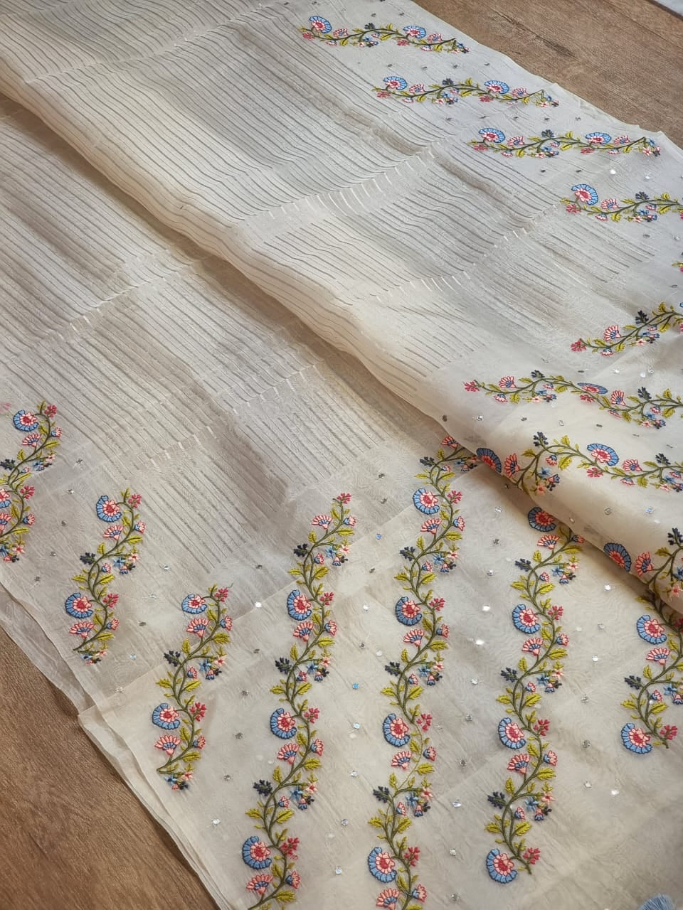 Embroidery striped organza silk saree - Saffronfashionindia
