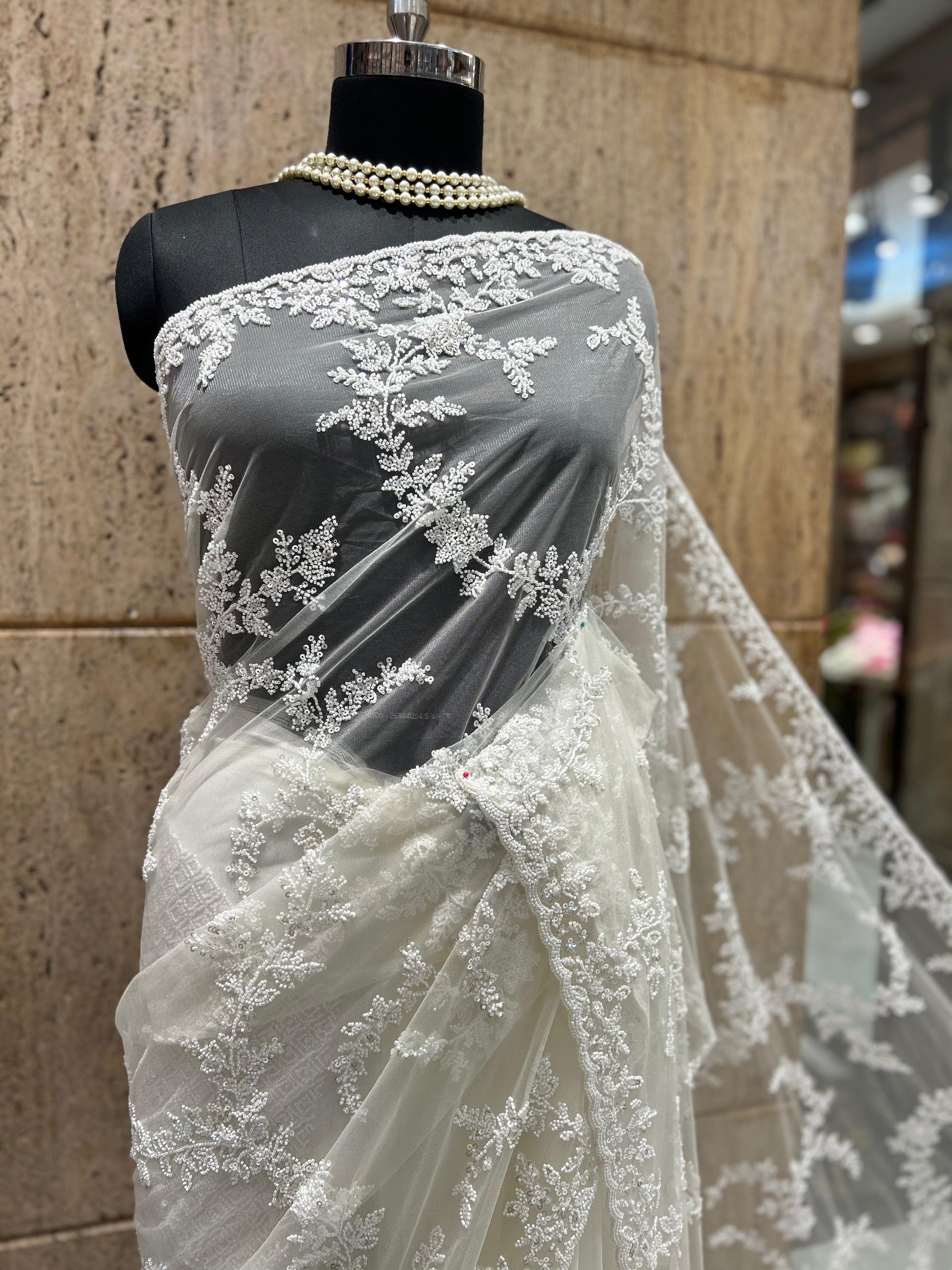 Royal white saree elegant saree luxury sari blouse SaffronFashion