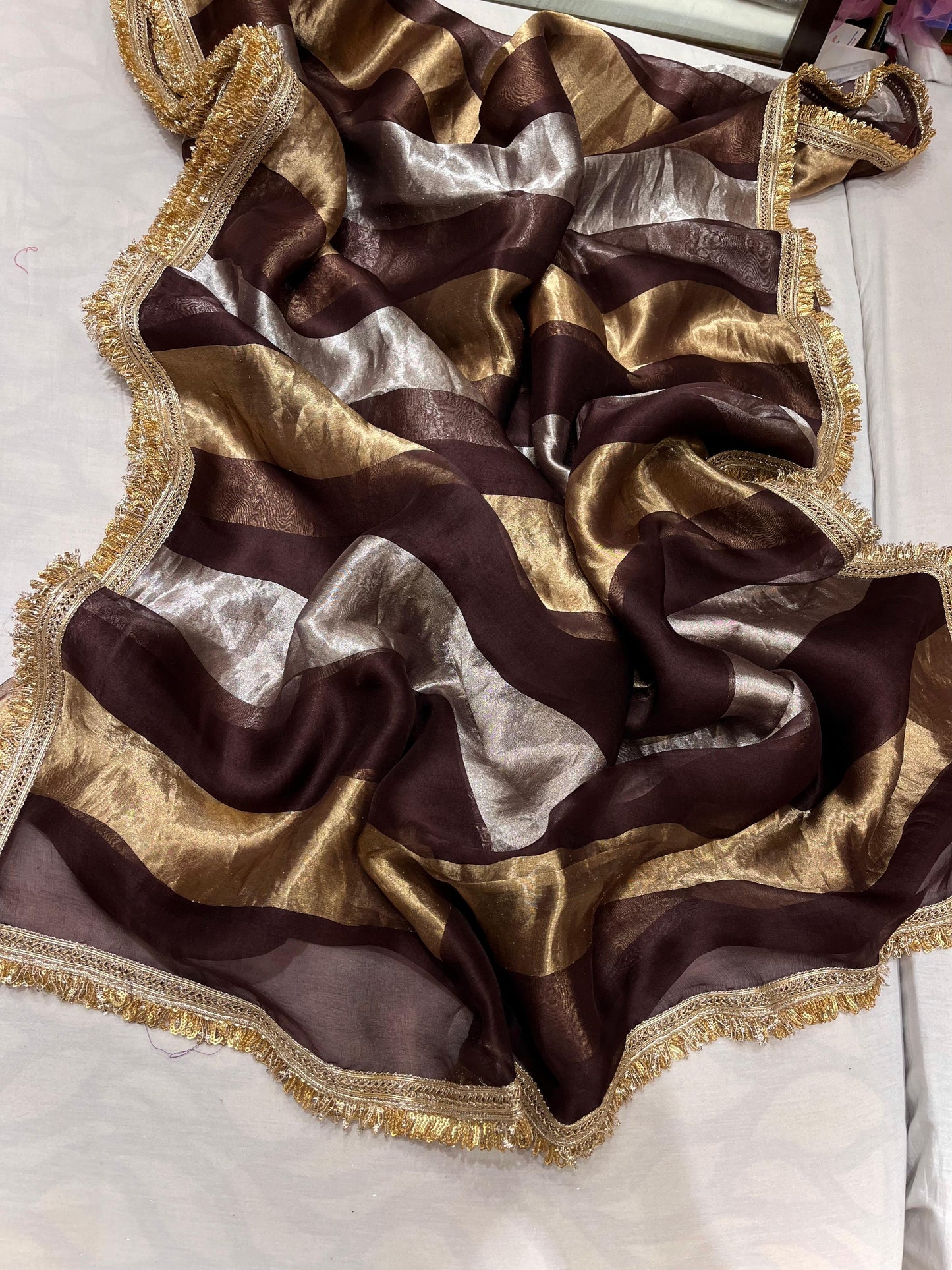 Striped Tissue Organza Saree Partywear Sari - Saffronfashionindia