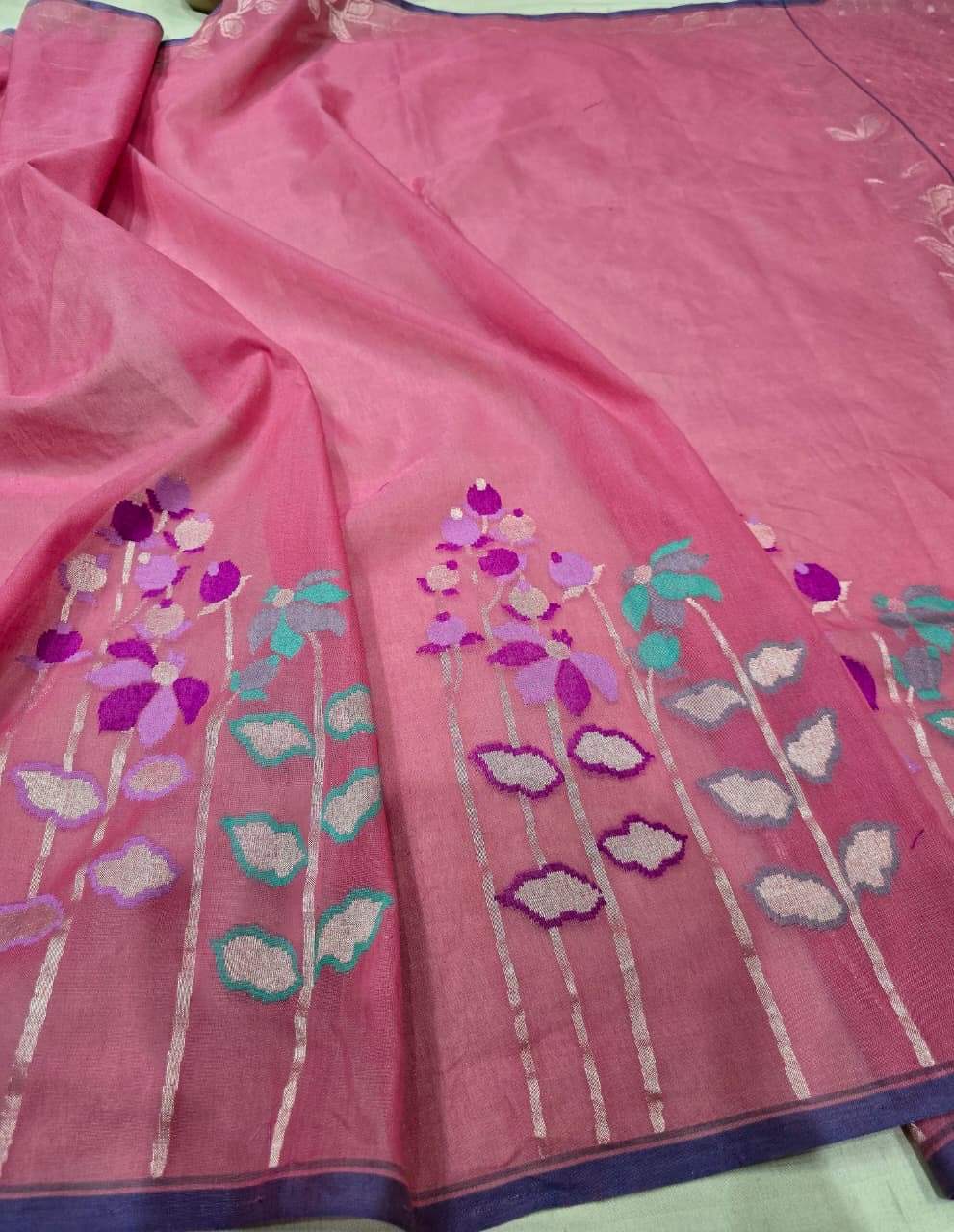 Pink iktara cotton saree jamdani saree floral sari blouse SaffronFashion