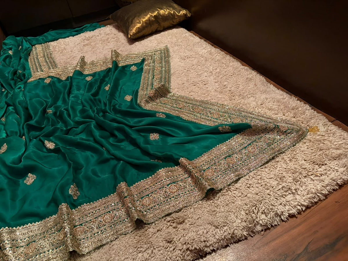Green premium crepe satin silk saree designer inspired sarees blouse Saffronfashionindia