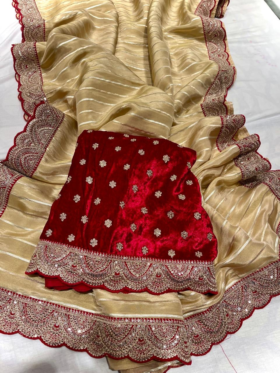 Ivishik tissue saree striped saree velvet blouse sarees SaffronFashion