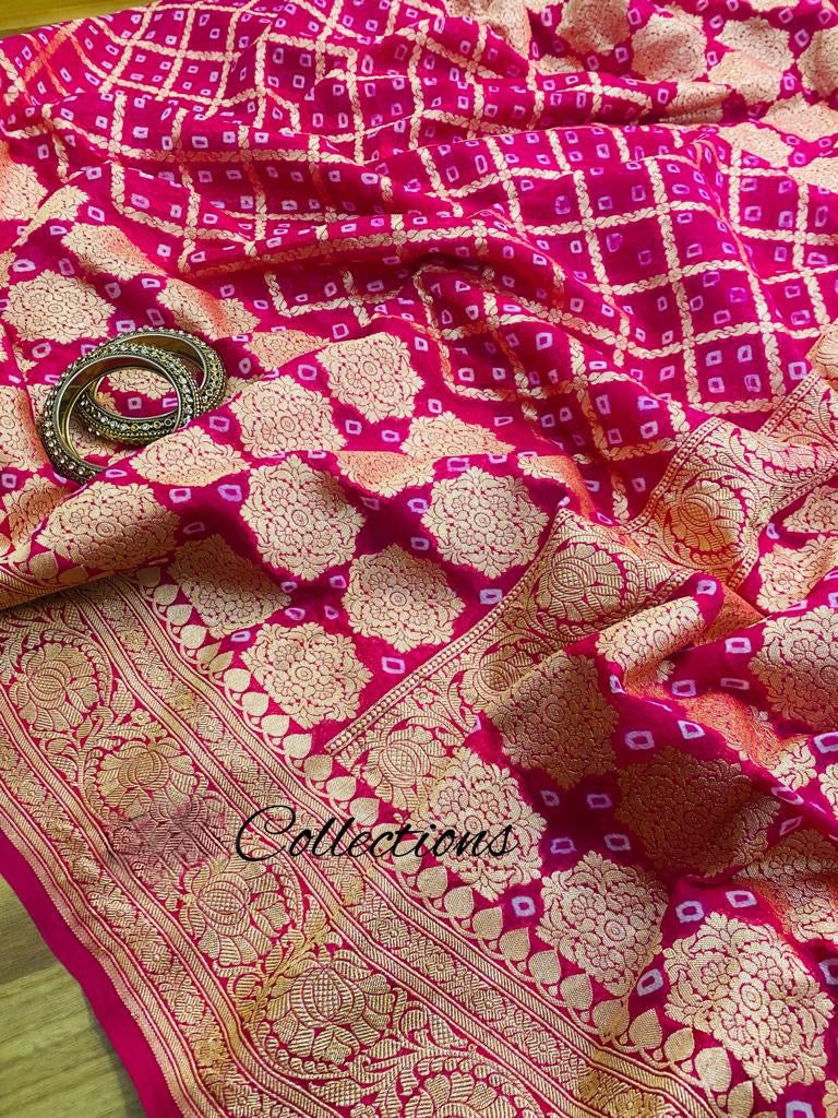 Pinash banarsi handwoven Bandhani Gorgette sarees - Saffronfashionindia
