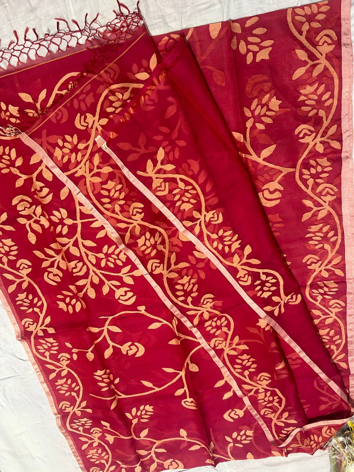 Red hot muslin jamdani sarees - Saffronfashionindia