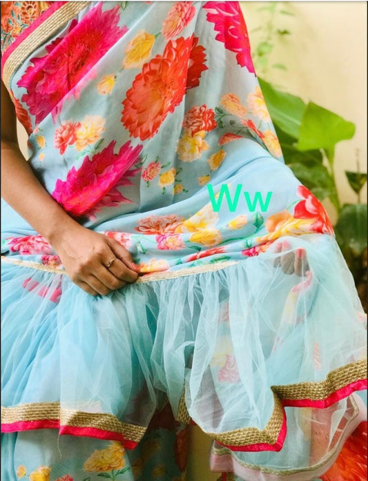 Ruffle saree trendy sari girlish sari - Saffronfashionindia