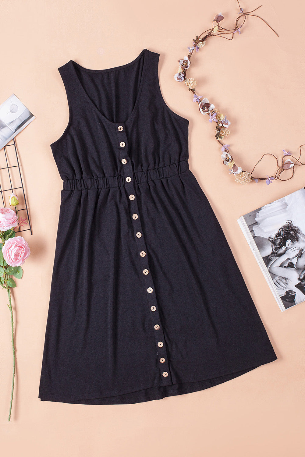Button Front Shirred Waist Casual Tank Summer Black Dress - Saffronfashionindia