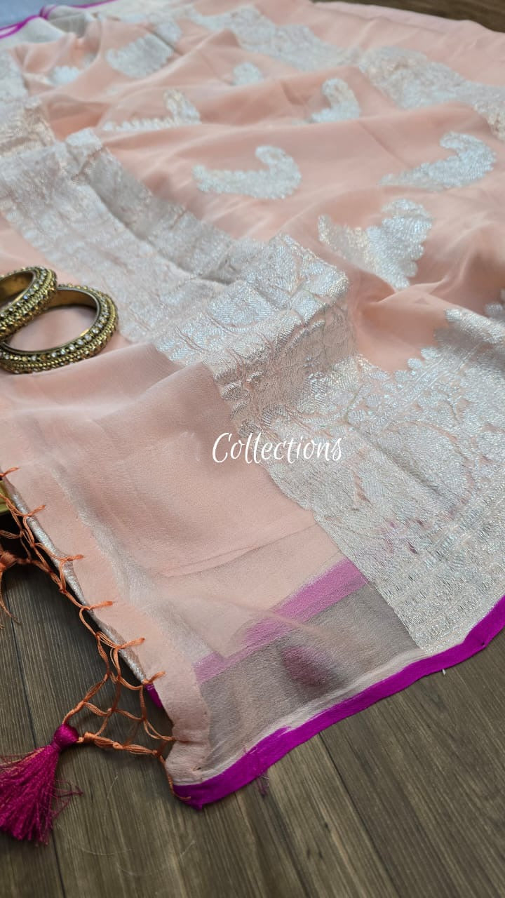 Peach Chiffon saree Banarsi handwoven sarees SaffronFashion