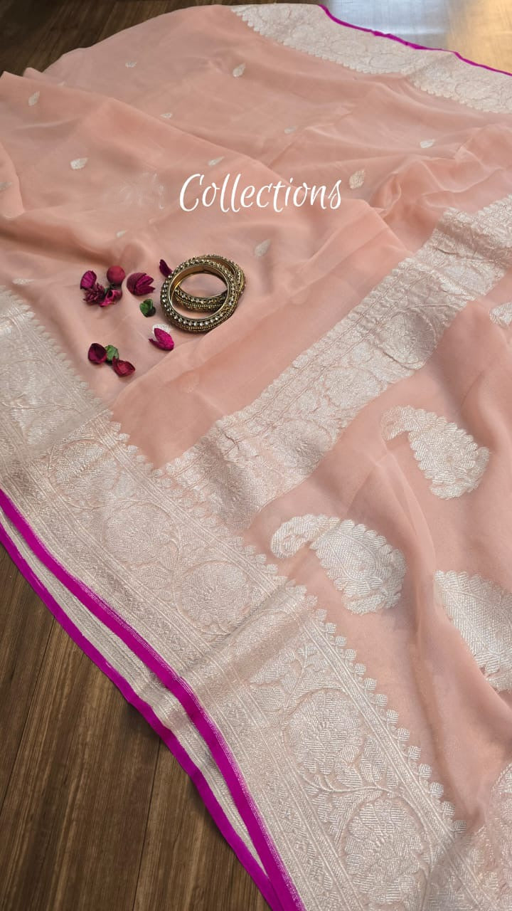 Peach Chiffon saree Banarsi handwoven sarees SaffronFashion