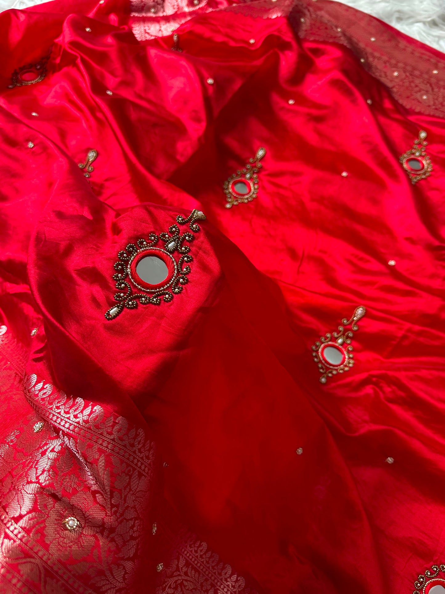 Red Banarsi saree mirror sari blouse women beautiful sarees SaffronFashion