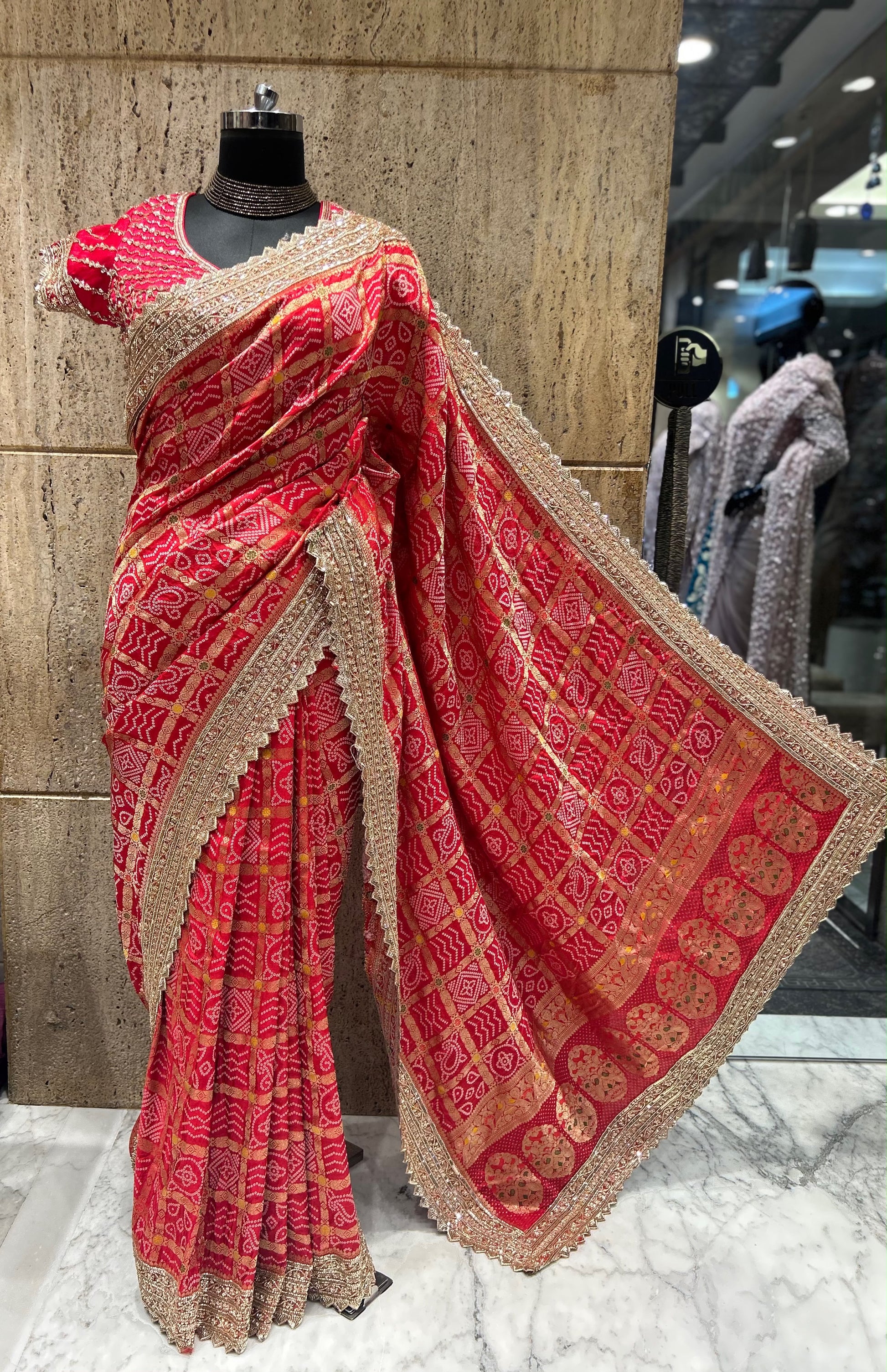 Red Bandhej saree Indian  sari blouse traditional sarees SaffronFashion