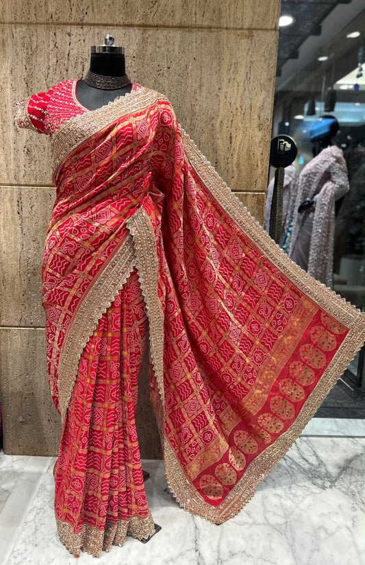 Red Bandhej saree Indian  sari blouse traditional sarees SaffronFashion