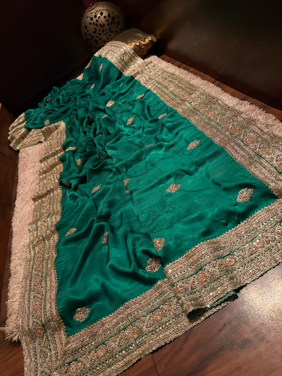Green premium crepe satin silk saree designer inspired sarees blouse Saffronfashionindia