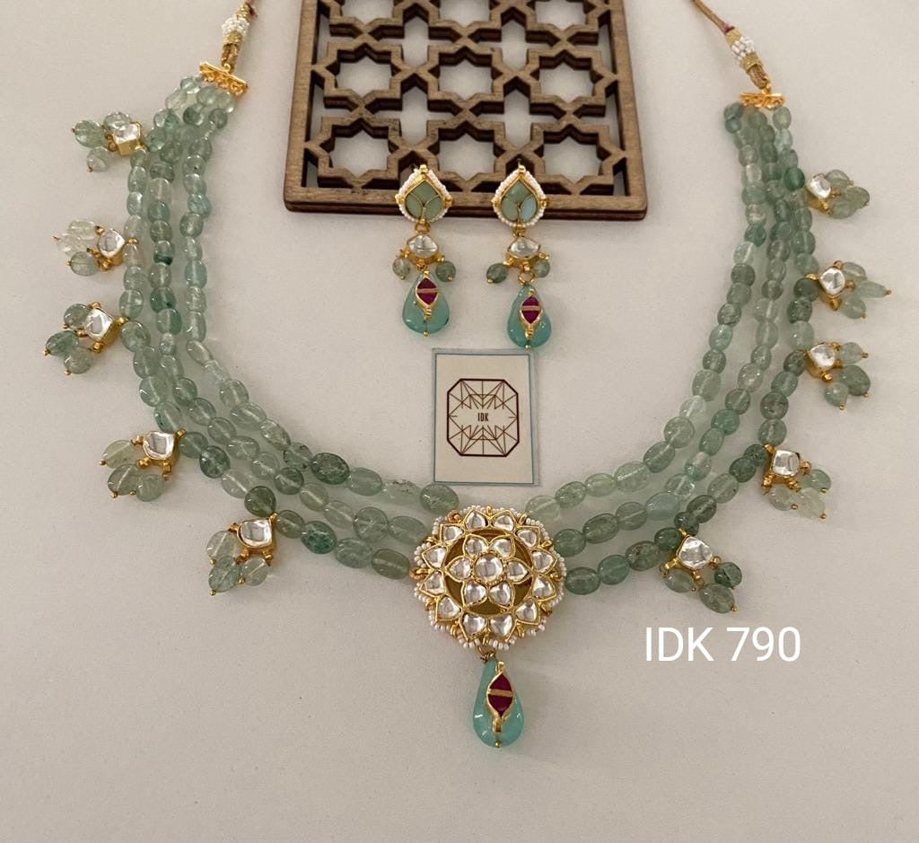 Lipshika green Kundan beaded necklace set - Saffronfashionindia
