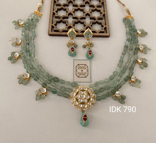 Lipshika green Kundan beaded necklace set - Saffronfashionindia