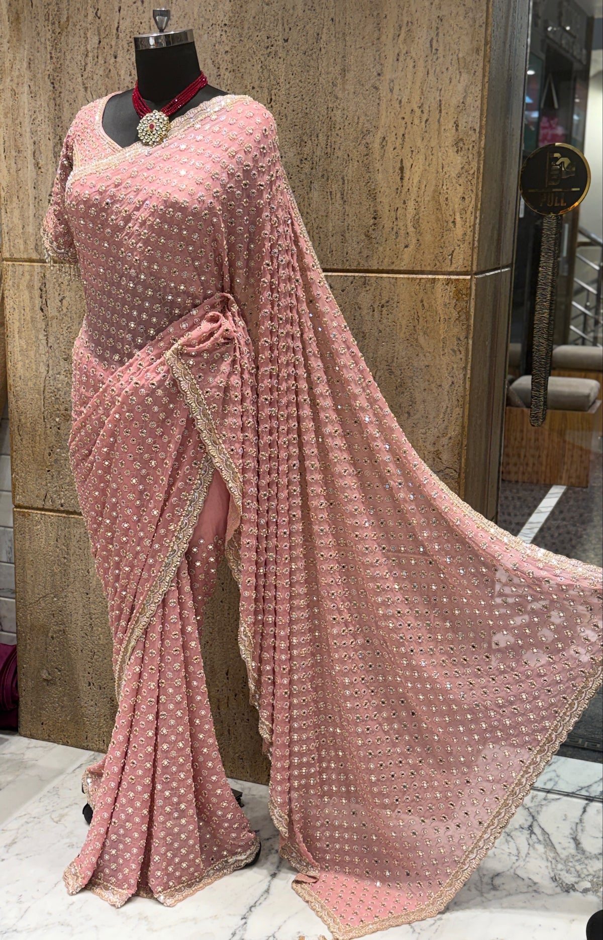 Pink Designer Sequin Embroidered Georgette Saree with Embellished Border & Blouse SaffronFashion