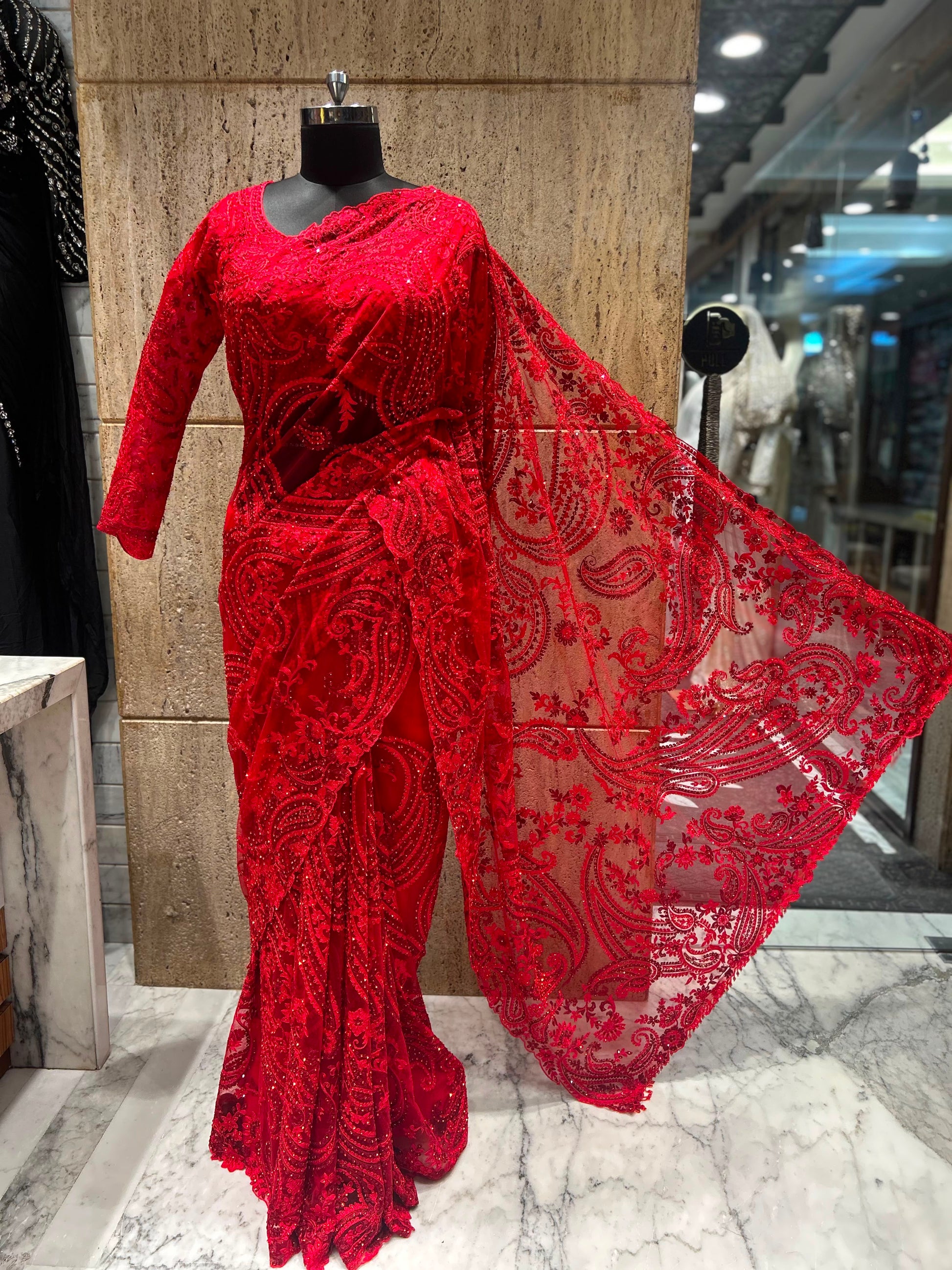 Red bridal saree net sari blouse wedding sarees Partywear sarees SaffronFashion