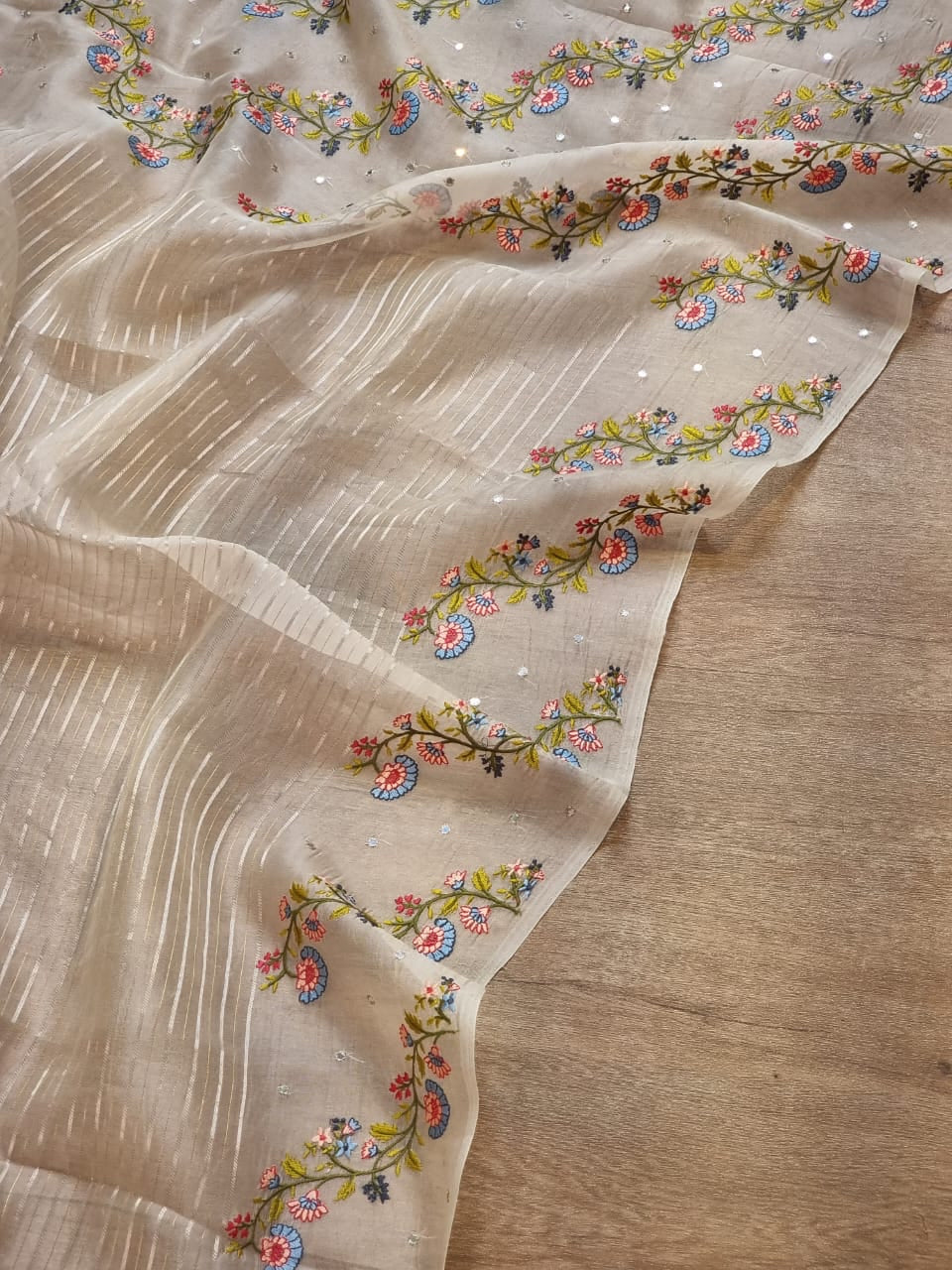 Embroidery striped organza silk saree - Saffronfashionindia