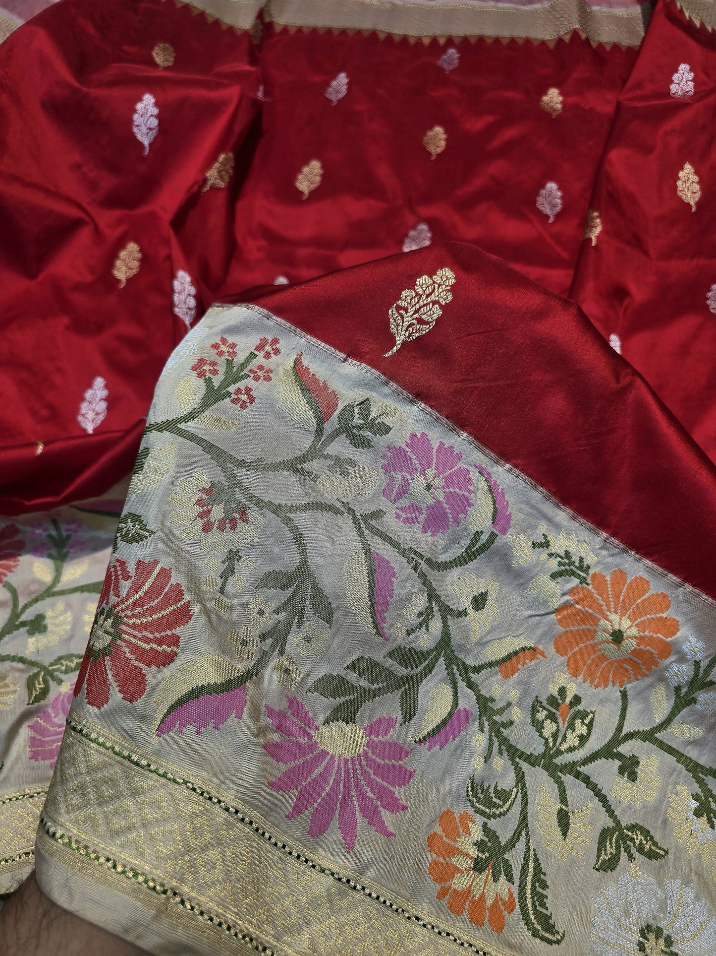 Red Banarsi katan silk saree kadwa sarees blouse Indian sari SaffronFashion