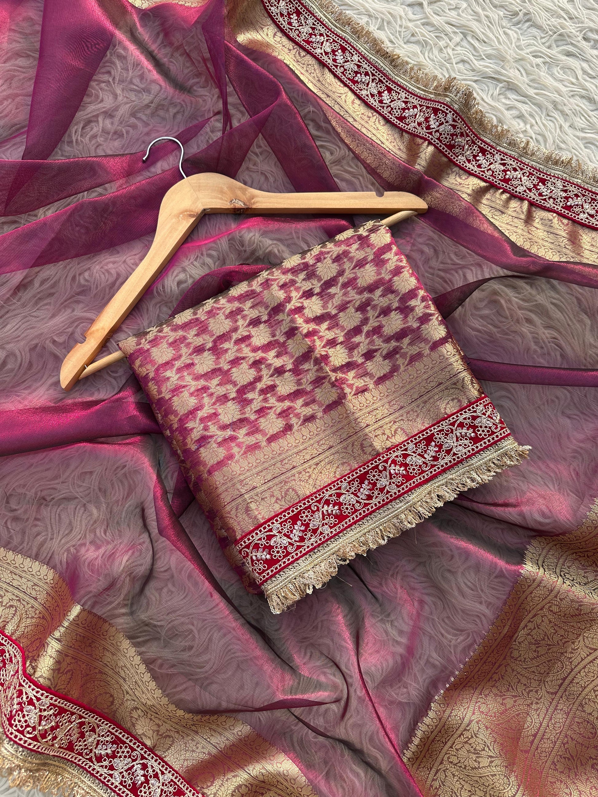 Tissue Jaquard saree party wear women sari blouse SaffronFashion