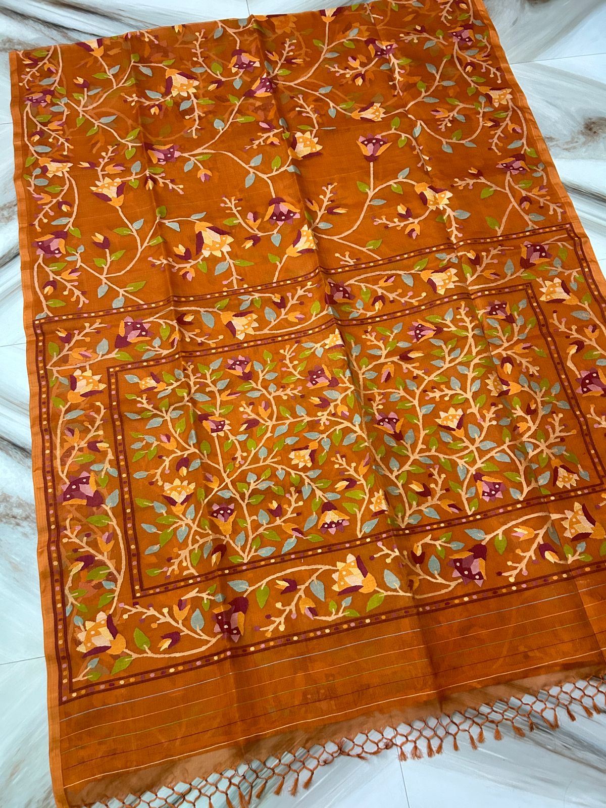 Orange Tantuj Jamdani saree handwoven saree beautiful saree blouse - Saffronfashionindia