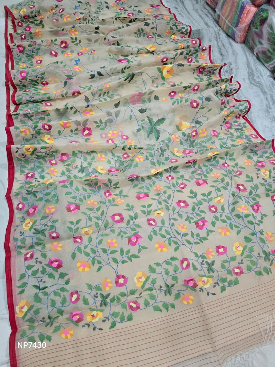Needle handwork saree floral Tantuj saree jamdani sarees blouse SaffronFashion