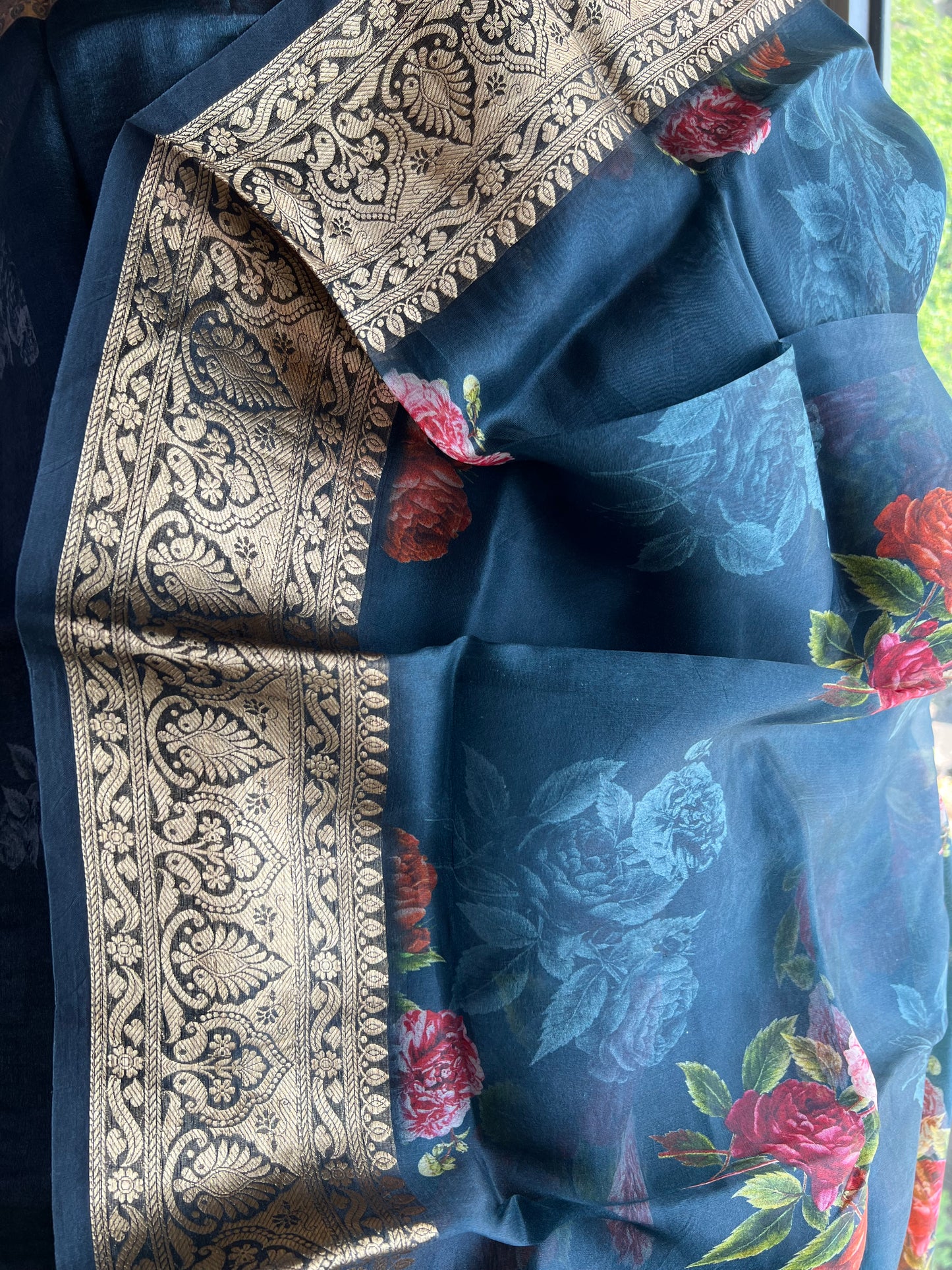 Kivashi Saree organza saree floral saree sabyasachi bordered sari blouse - Saffronfashionindia