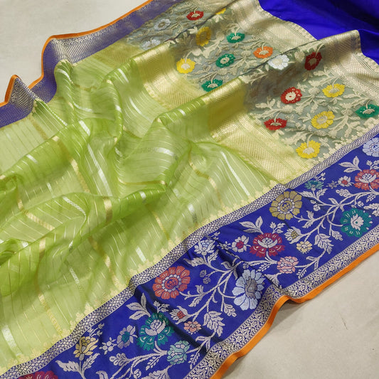 Green Kora Handwoven Saree zari sari - Saffronfashionindia