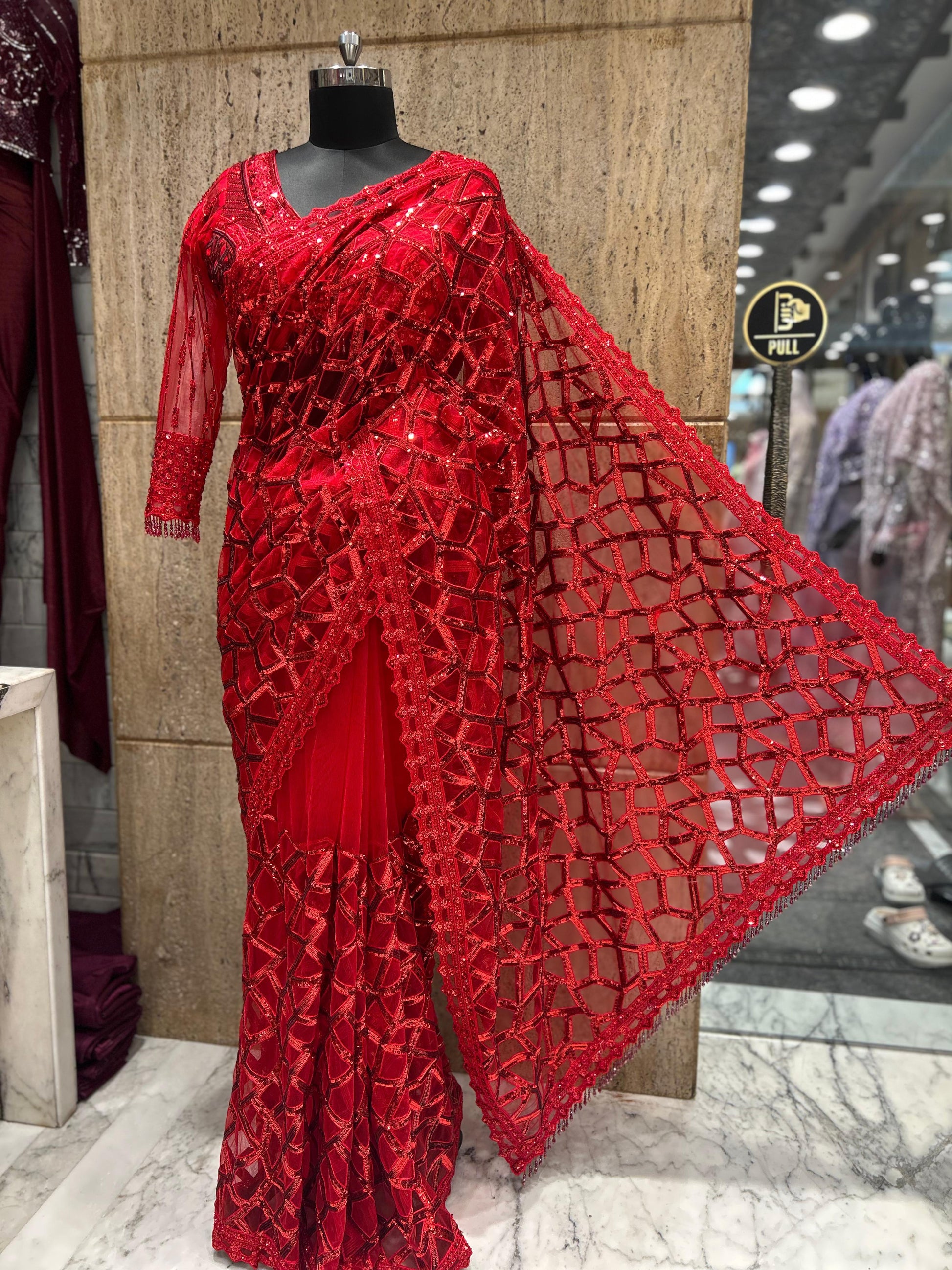 Red Velvet saree bridal saree Indian dresses SaffronFashion