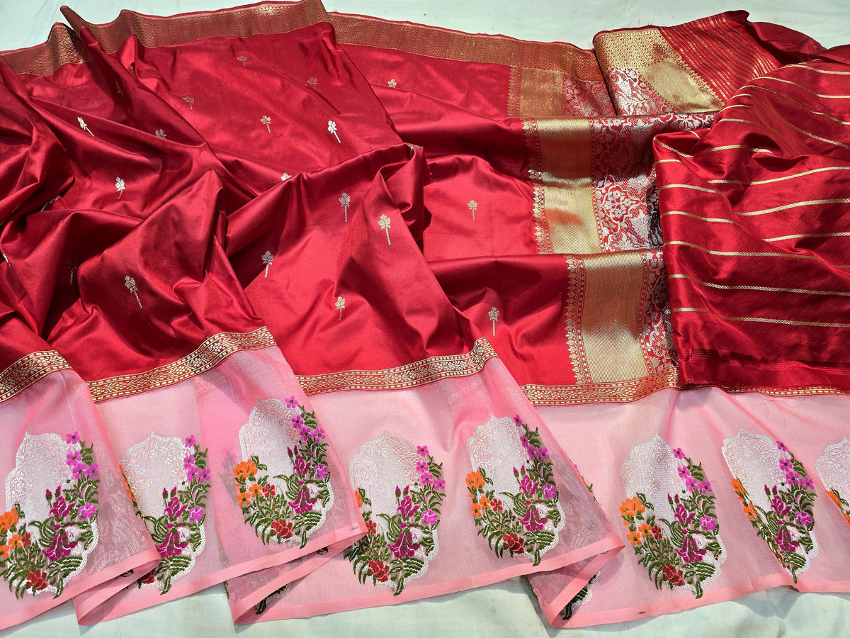Red iktara jamdani saree Banarsi sarees Indian sari blouse Saffronfashionindia