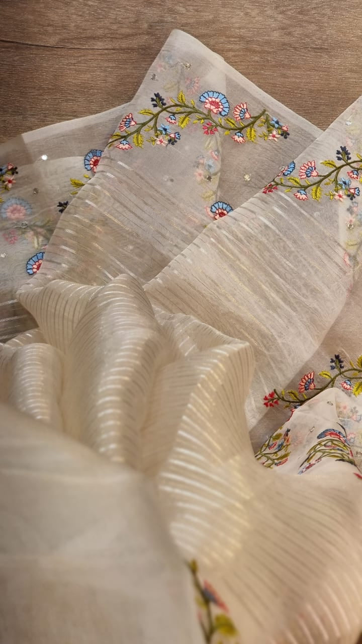 Embroidery striped organza silk saree - Saffronfashionindia