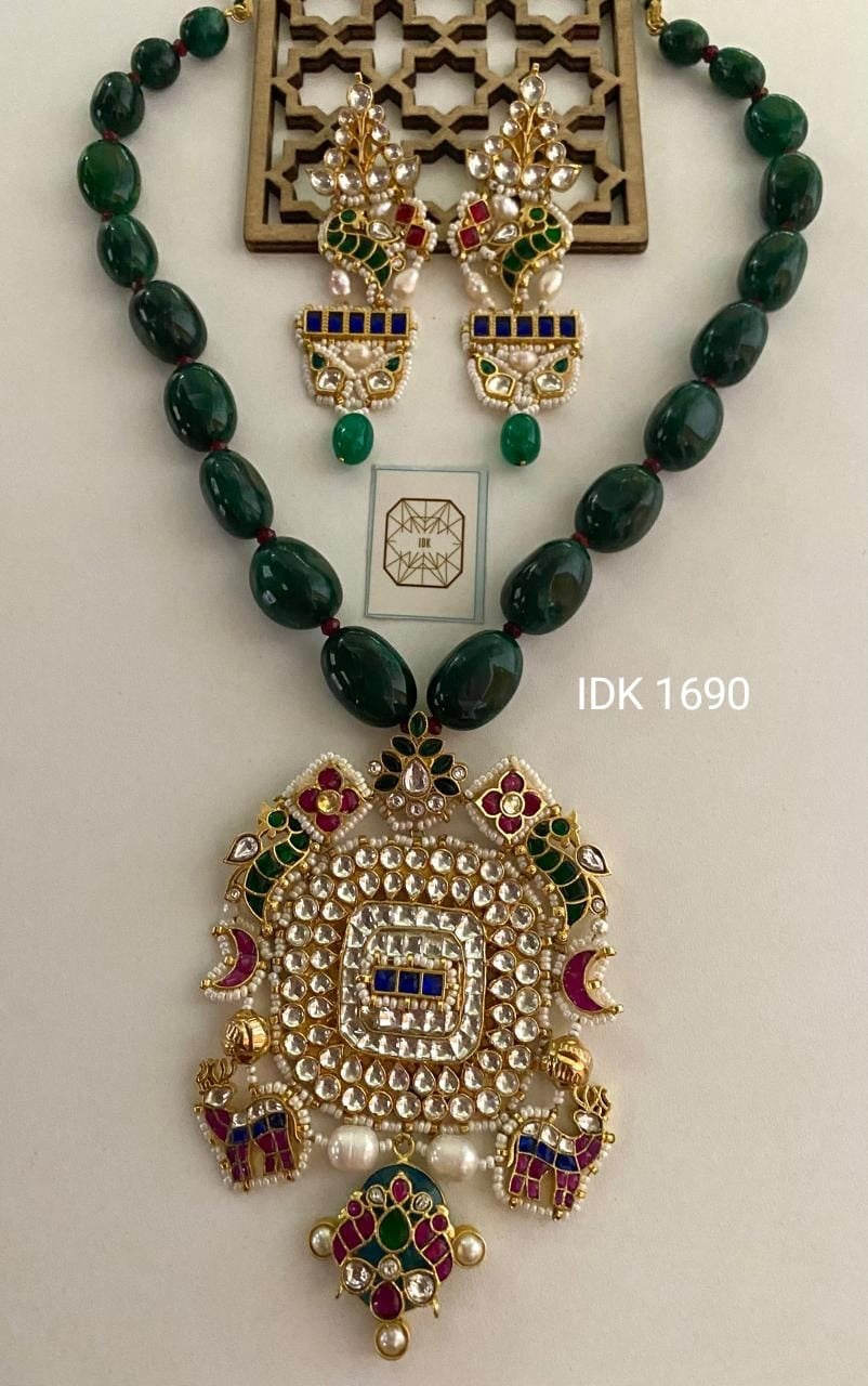 Emerald green square inspired long necklace set earrings set - Saffronfashionindia
