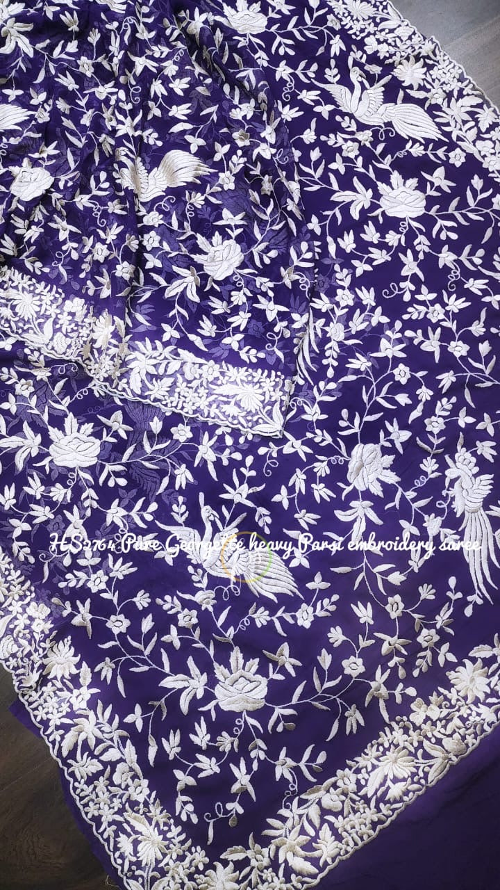 Purple Royal Rich Wmbroidered Parsi Saree - Saffronfashionindia