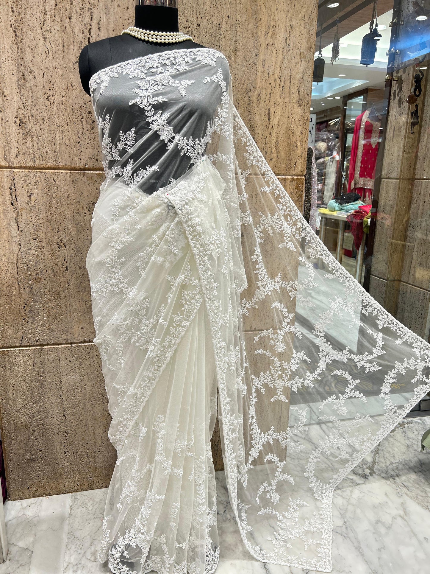 Royal white saree elegant saree luxury sari blouse SaffronFashion