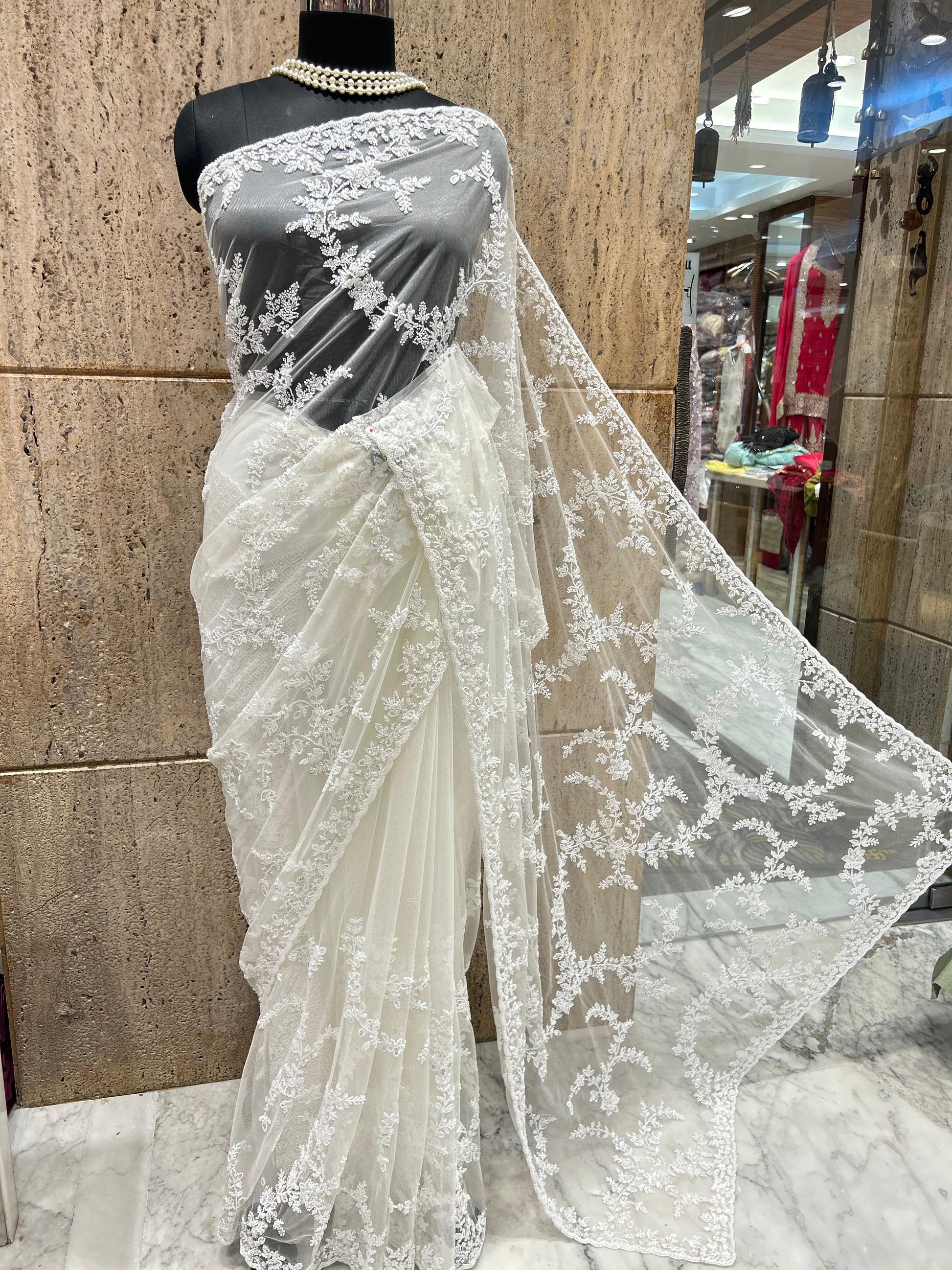 Royal white saree elegant saree luxury sari blouse SaffronFashion