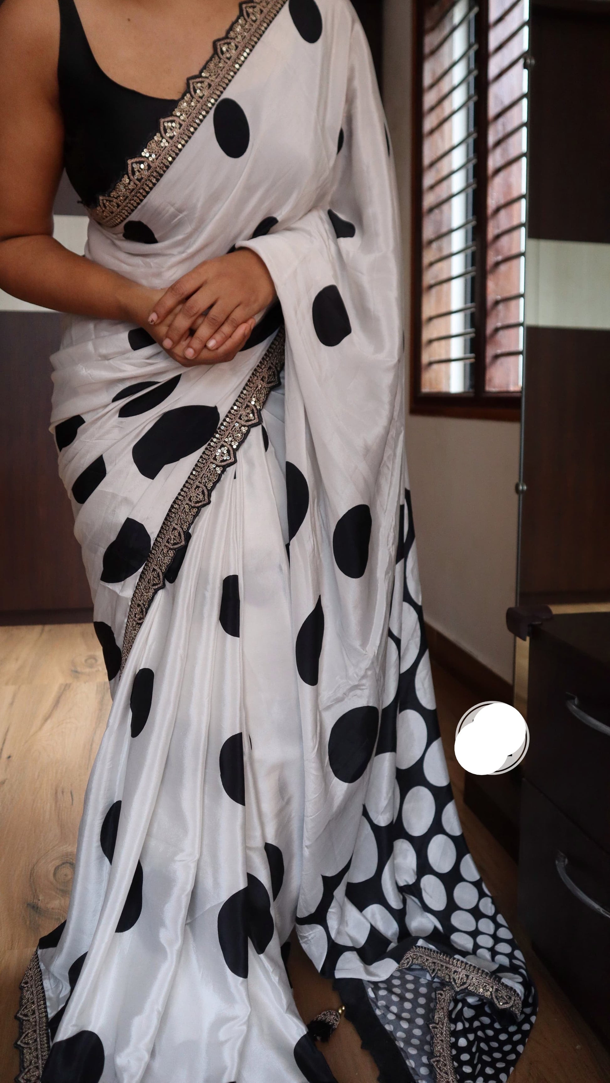Retro inspired satin silk saree polka dot saree Partywear saree blouse Saffronfashionindia