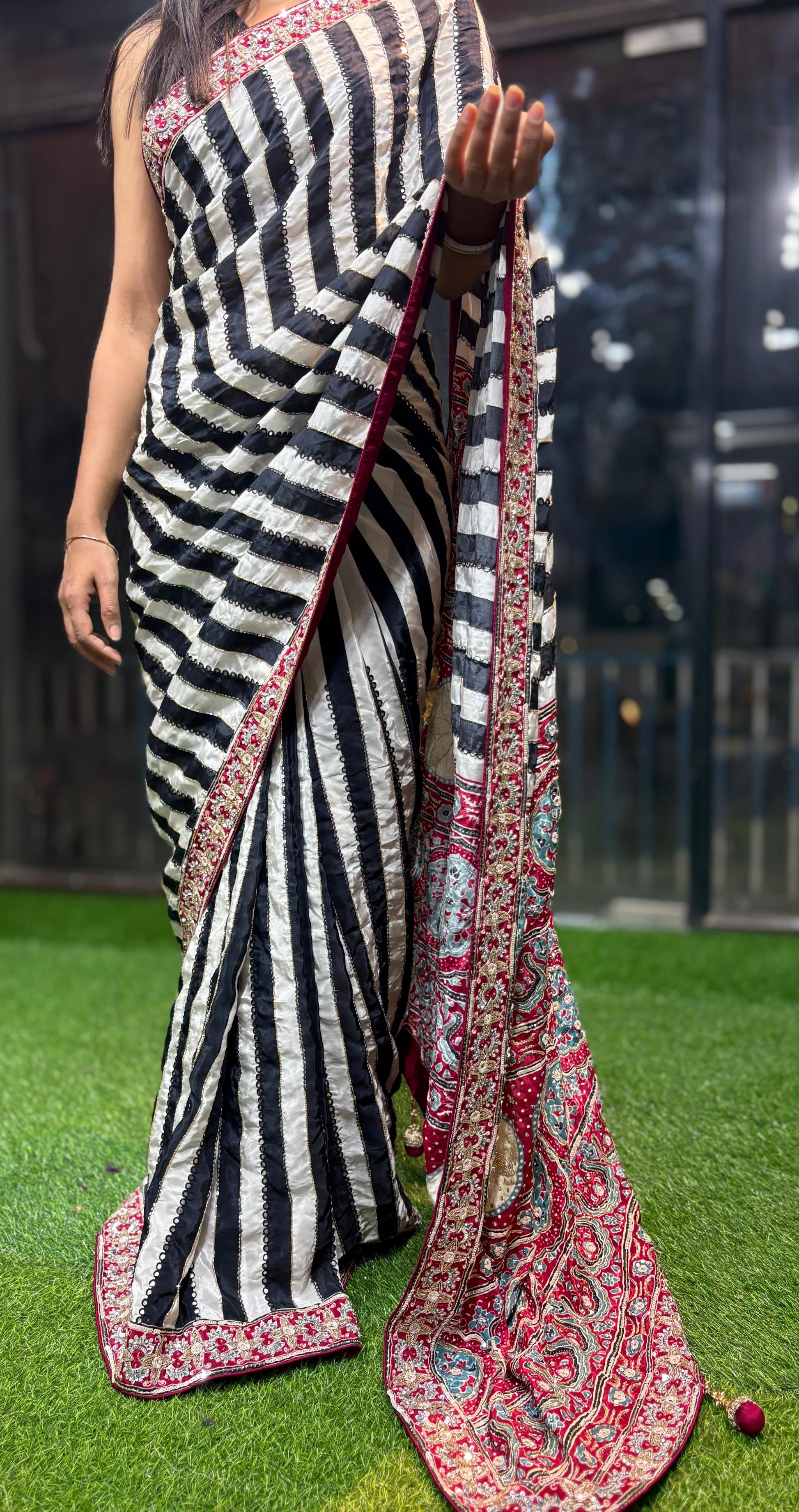 Ajrakh saree hand embroidered saree women sari blouse SaffronFashion
