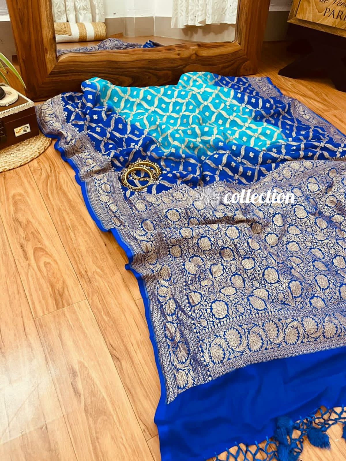 Banarsi Blue Shaded Gorgette Saree - Saffronfashionindia
